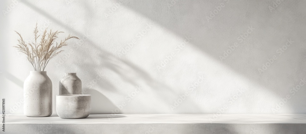 Poster minimalist composition of decorative vases with dried plants on a light concrete shelf against a whi
