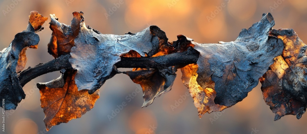 Poster dried leaves on a branch with a blurred warm background showcasing autumn colors and textures, with 