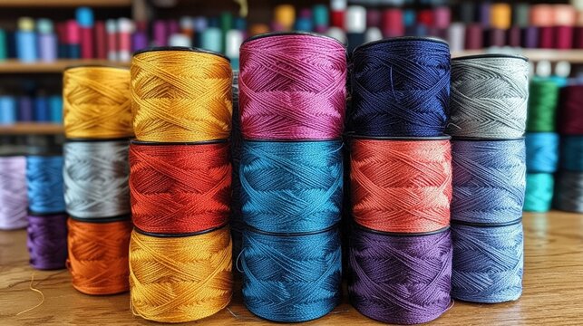 Colorful spools of thread arranged neatly on a wooden table