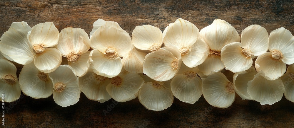 Poster close-up of delicate dried flower petals arranged in a horizontal line on a textured wooden surface 
