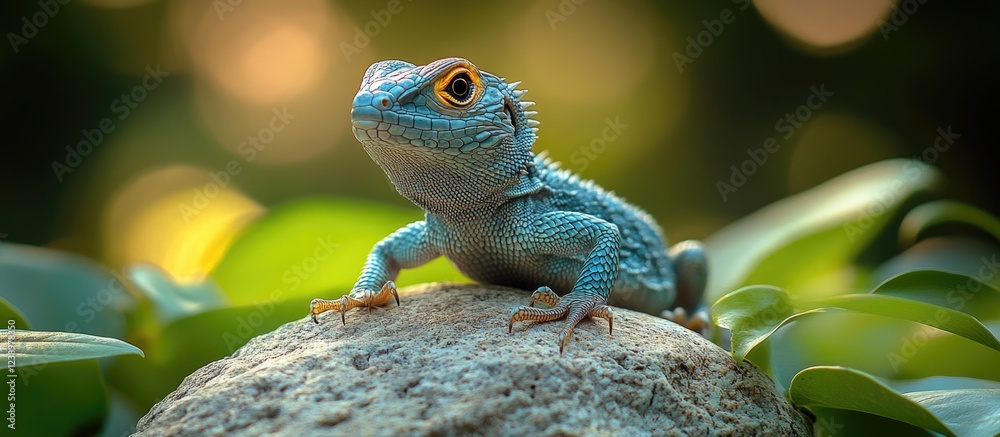 Poster blue lizard perched on a rock surrounded by green foliage with blurred background and warm bokeh lig