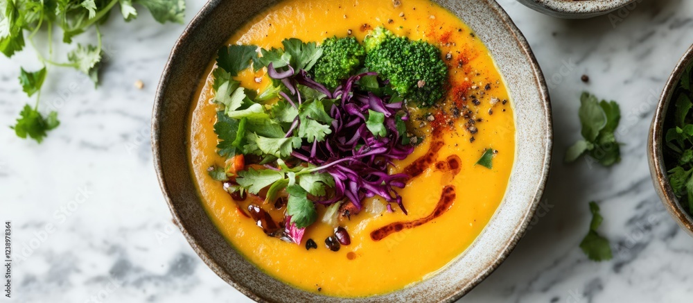 Aufkleber vibrant carrot ginger soup topped with fresh herbs and vegetables in a rustic bowl on marble surface