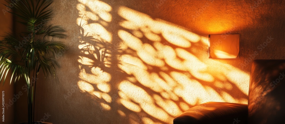 Poster interior view with shadows cast on wall from light fixture and plant leaves creating an ambient atmo