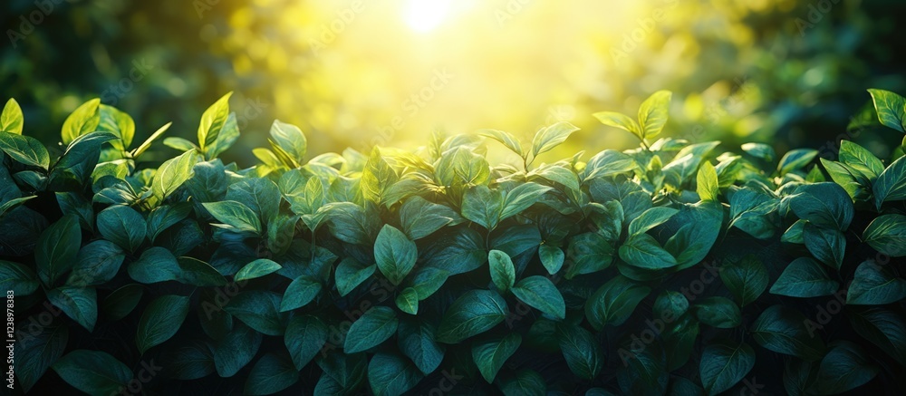 Poster lush green leaves with sunlight glowing in the background creating a serene natural atmosphere copy 