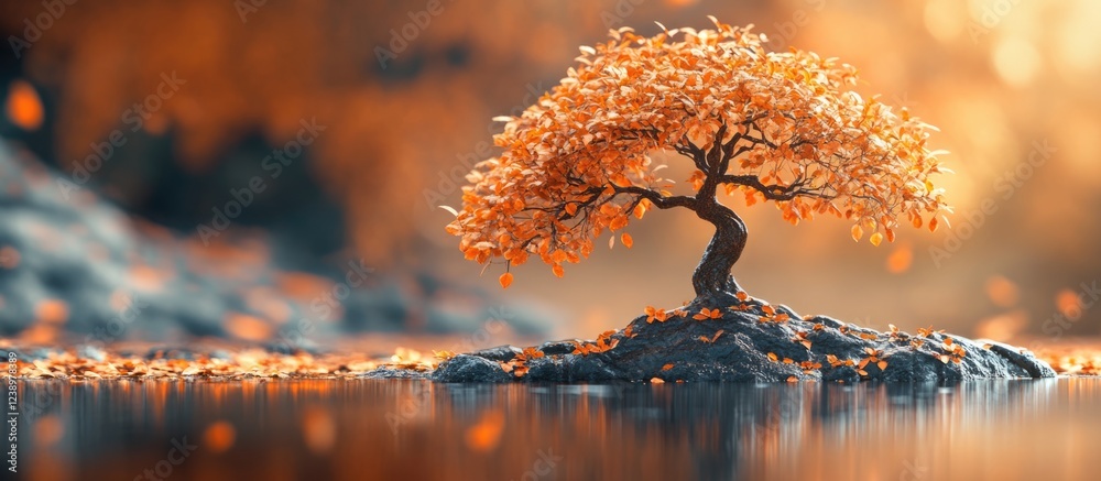 Poster lonely tree with orange leaves reflected in water during autumn season in a serene landscape with so