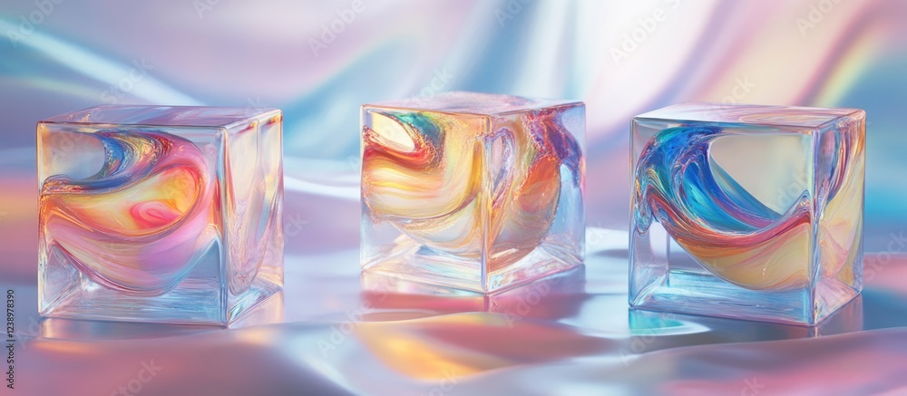 Aufkleber Colorful abstract glass cubes with swirling patterns on an iridescent background with soft lighting and smooth texture. Copy Space