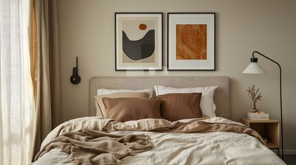 Serene Beige Bedroom Interior with Abstract Art