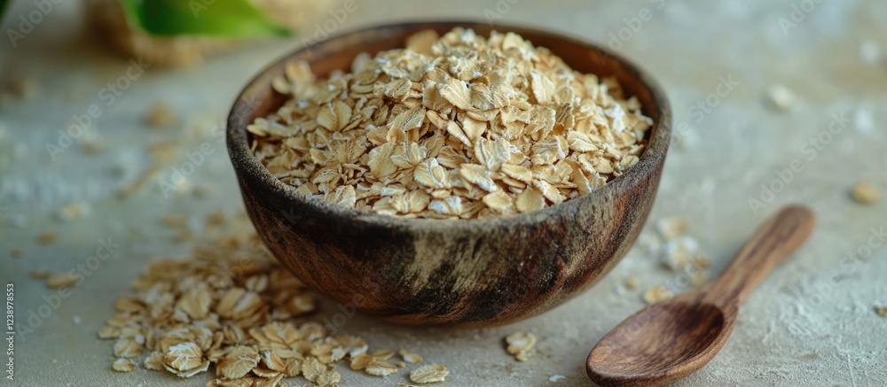 Aufkleber oats in a wooden bowl with scattered oats on a rustic background natural and healthy food copy space