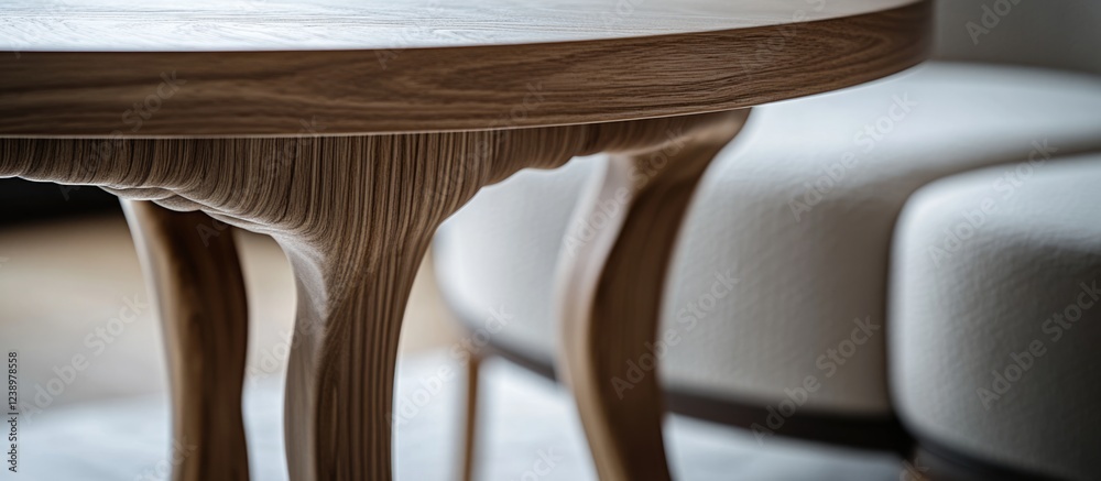 Poster close-up of a stylish wooden table with intricately designed legs and a smooth surface, contemporary