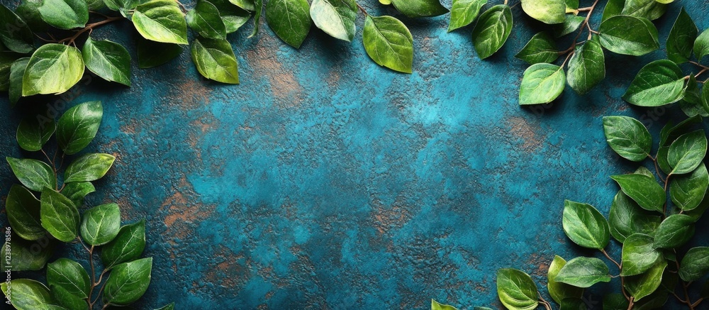 Poster green leaves framing a textured turquoise background with earthy tones and ample copy space for desi