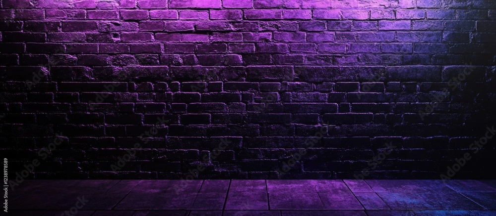 Poster purple and black textured brick wall background with dim lighting and copy space for text or graphic