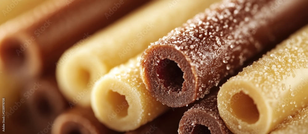Poster close-up of chocolate and vanilla rolled wafers coated with sugar in a stacked arrangement copy spac