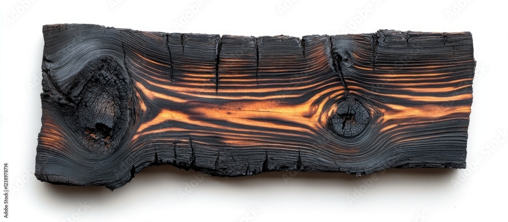 Poster Burnt wooden plank with unique texture and patterns on white background Copy Space