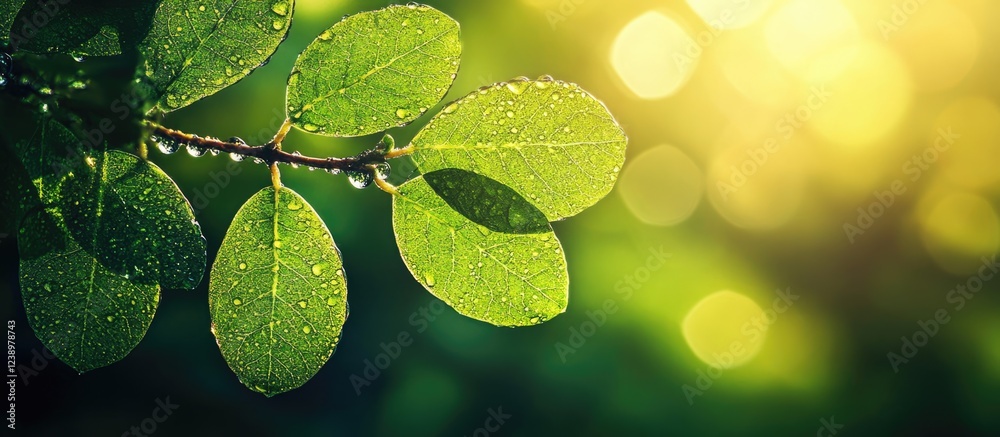 Poster green leaves with dew drops against a blurred background of light bokeh effects and soft natural sun