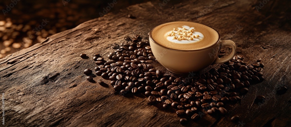 Poster Coffee cup with latte art placed on coffee beans on rustic wooden surface with warm lighting and natural textures Copy Space