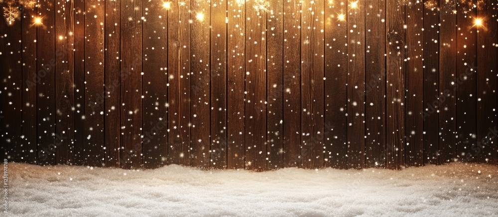 Poster snowy winter scene with wooden backdrop and festive lights creating a cozy atmosphere ideal for seas