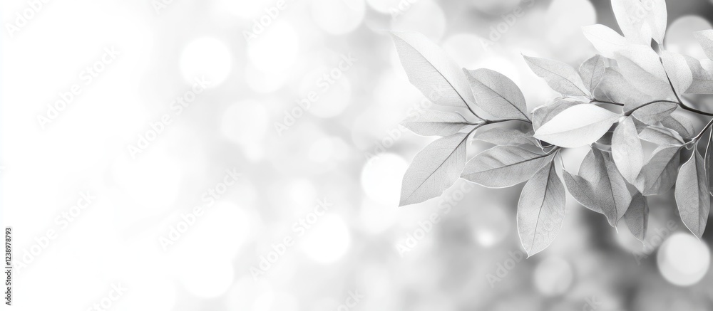 Aufkleber Branch of delicate leaves on a blurred bokeh background in grayscale with ample copy space for text placement