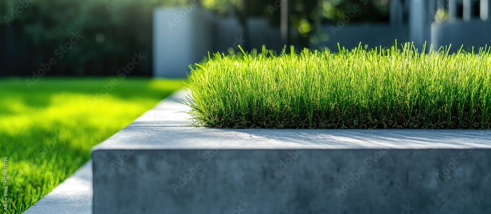 Aufkleber concrete edge with lush green grass growing on top in a landscaped garden setting with blurred backg