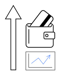 Credit card emerging from wallet, upward arrow, line graph. Ideal for business growth, finance, banking, e-commerce, investment savings and expense management. Line metaphor