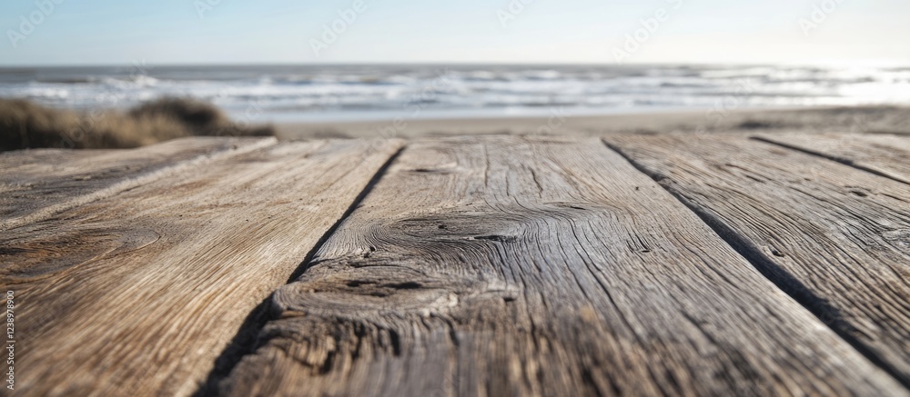 Poster wooden table surface with textured grains overlooking a beach and ocean waves in the background duri