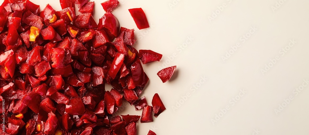 Poster chopped red bell pepper pieces on light beige background with ample copy space for text inclusion