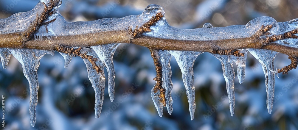 Poster icicles hanging from a branch in winter natural ice formations with blurred background copy space