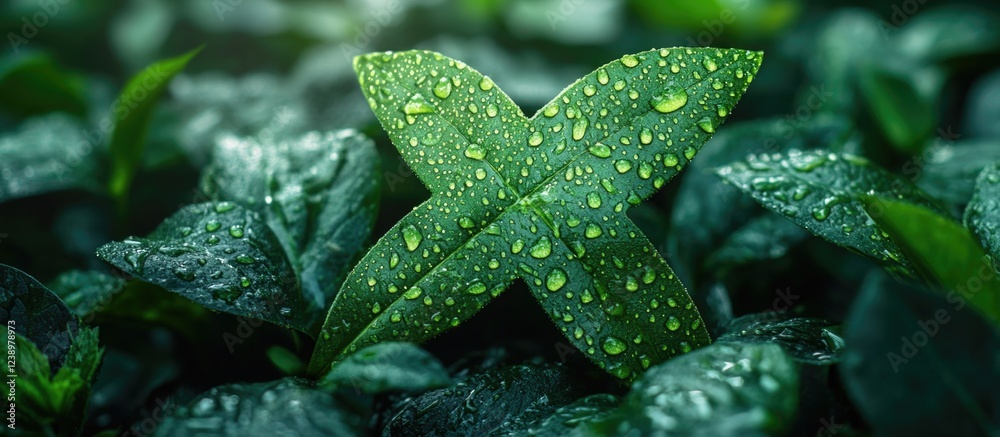 Poster close-up of green leaves with water droplets on foliage in a lush natural environment featuring copy