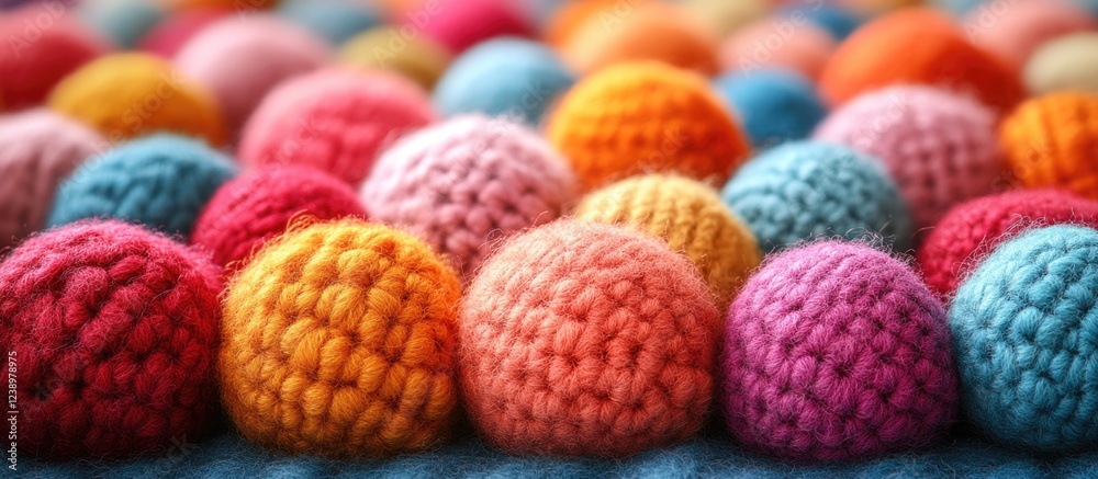Poster colorful hand-knitted woolen pom poms arranged in a textured background with vibrant shades and patt