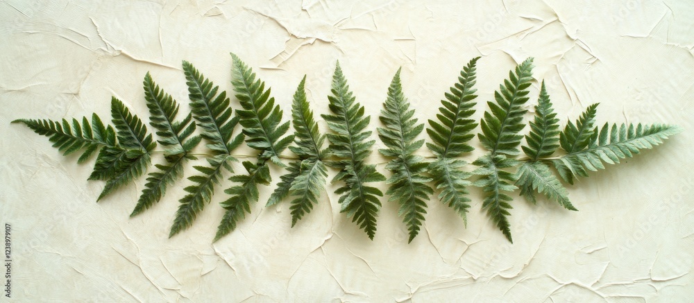 Poster Ferns arranged in a line on textured beige background showcasing intricate leaf structure and detail with Copy Space