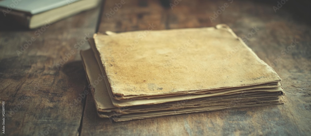 Poster stack of old vintage papers on a wooden table with a blurred background and natural light copy space