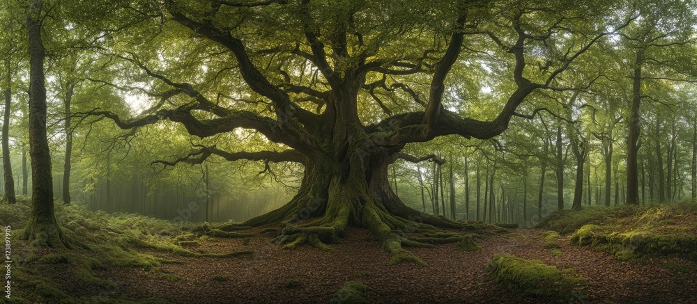 Poster Ancient tree with sprawling branches in a misty forest landscape surrounded by lush greenery and sunlight filtering through leaves Copy Space