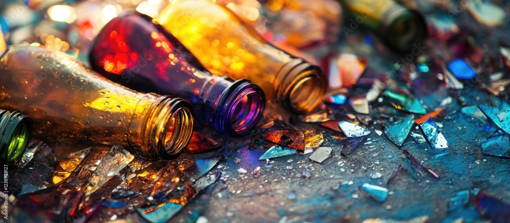 Aufkleber Colorful glass bottles on a surface scattered with broken shards of colored glass with sparkles and reflections Copy Space