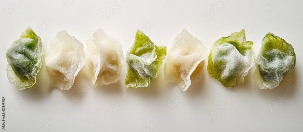 Poster Assorted color dumplings displayed on a white background with Copy Space for text placement.