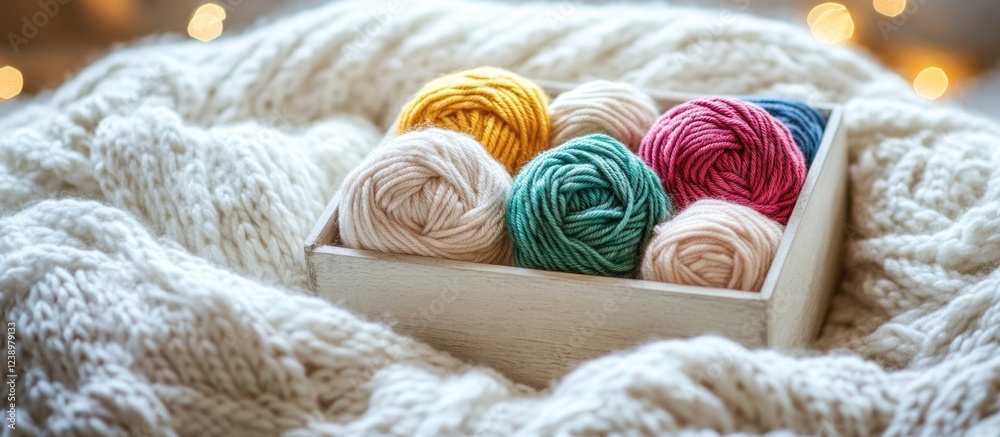 Poster Colorful yarn balls in a wooden box resting on a knitted blanket with soft bokeh lights in the background Copy Space