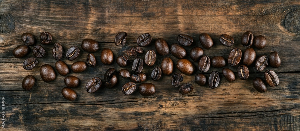 Poster Coffee beans scattered on rustic wooden surface with ample copy space for text placement