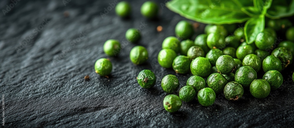 Aufkleber Fresh green peppercorns with basil leaves on dark stone background with textured surface and ample copy space for text