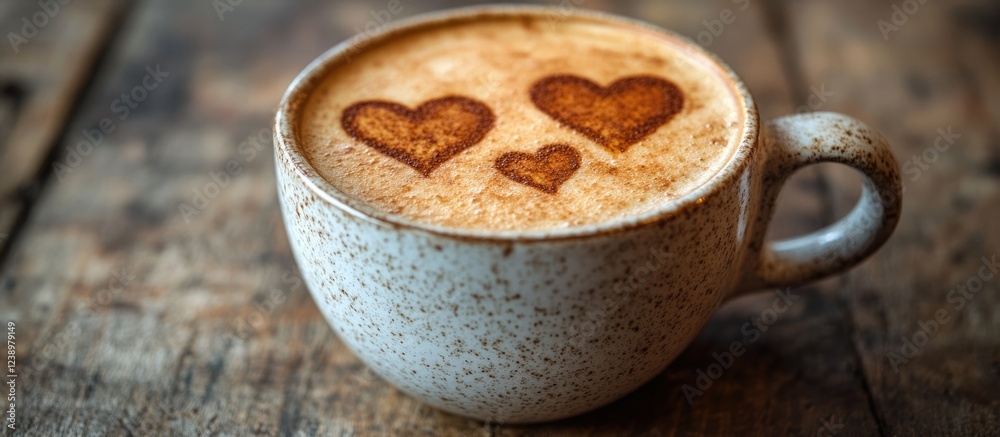 Poster Coffee cup with heart latte art on wooden background with rustic texture Copy Space