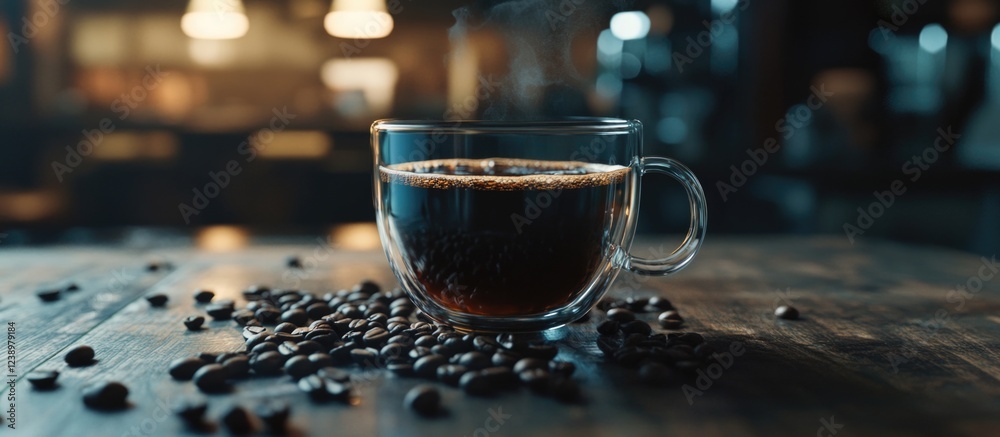 Poster Close-up of a steaming cup of coffee surrounded by roasted coffee beans on a wooden table with blurred background and copy space