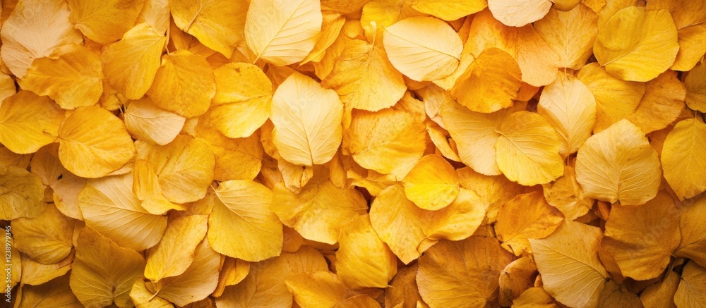 Poster close-up of vibrant yellow rose petals layered on a surface with natural lighting and soft shadows. 