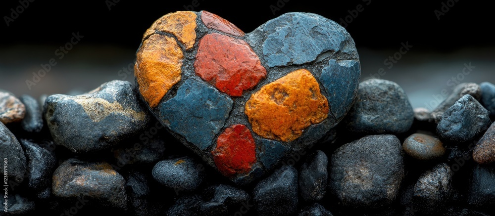 Poster colorful heart-shaped stone on a background of pebbles with dark tones and natural textures for crea