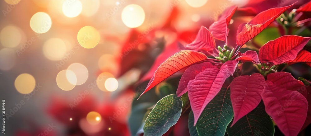 Poster close-up of vibrant red poinsettia leaves with blurred bokeh background and soft warm light copy spa