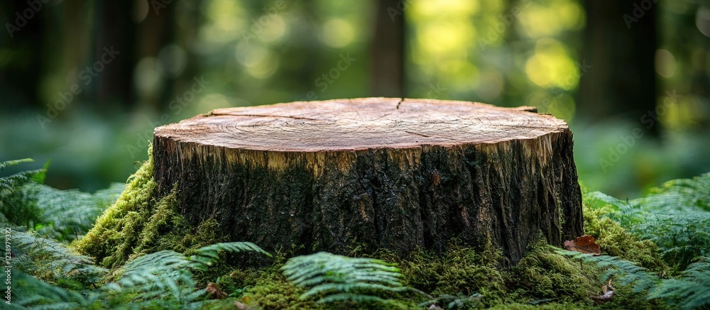Aufkleber forest tree stump with moss and ferns in sunlight background nature scene copy space
