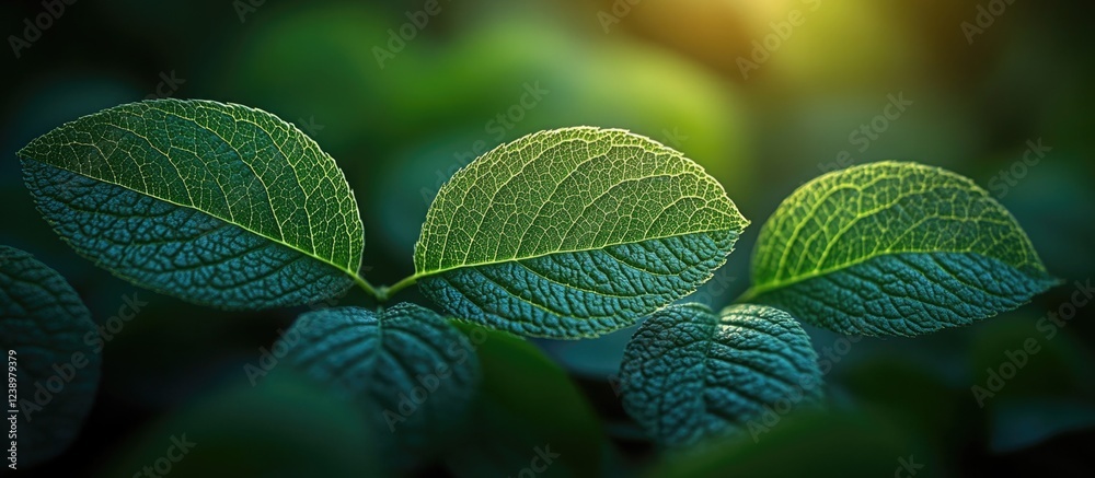 Aufkleber Close-up view of green leaves with intricate texture details illuminated by soft light Copy Space