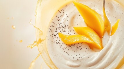 Healthy breakfast bowl with yogurt, ripe mango, and chia. Captured in soft lighting on a pastel background, ideal for wellness and nutrition content. Refreshing and wholesome tropical dish.