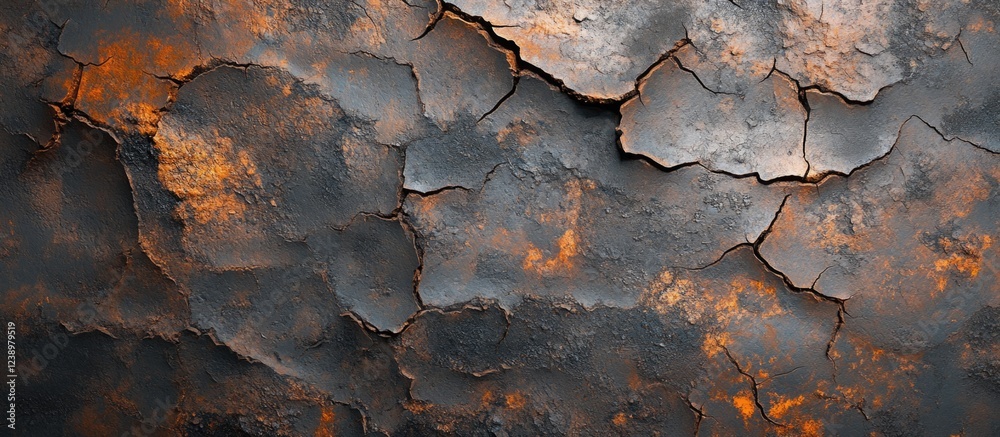Poster textured surface with cracks and peeling paint in shades of orange and black suitable for background