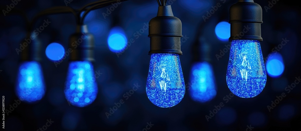 Poster Blue decorative lights glowing in a dark background with bokeh effect creating an atmospheric mood Copy Space