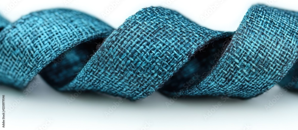 Aufkleber Twisted teal ribbon textured fabric with detailed weave and depth against a blurred background with Copy Space