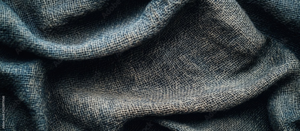 Aufkleber Textured blue linen fabric displaying intricate weave patterns in a draped arrangement suitable for background design. Copy Space