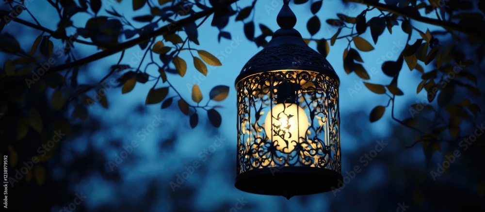 Poster Decorative lantern illuminated at dusk hanging from tree branches surrounded by leaves with blue-toned background Copy Space