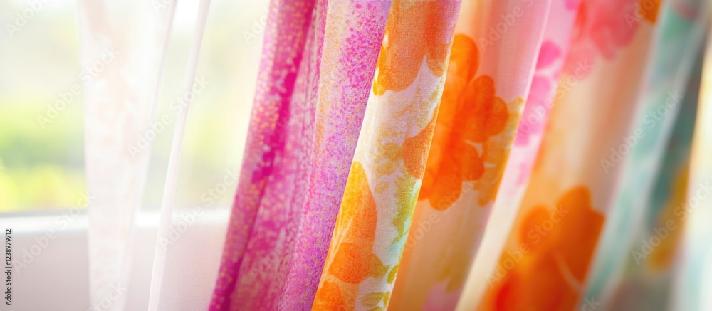Poster colorful translucent floral curtains with bright hues and patterns illuminated by natural light, cre